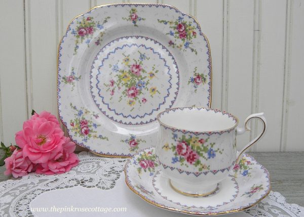 Vintage Royal Albert Petit Point China Pink Roses Teacup Saucer and Luncheon Plate on Sale