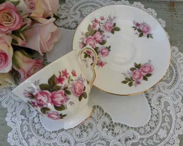 Vintage Queen Anne Pink Roses Teacup and Saucer For Cheap