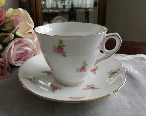 Vintage Petite Pink Roses Teacup and Saucer For Sale