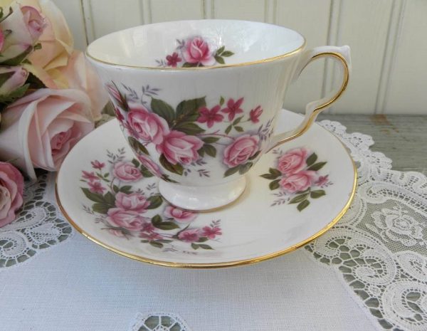 Vintage Queen Anne Pink Roses Teacup and Saucer For Cheap