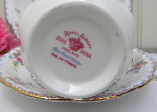 Vintage Royal Albert Petit Point China Pink Roses Teacup Saucer and Luncheon Plate on Sale