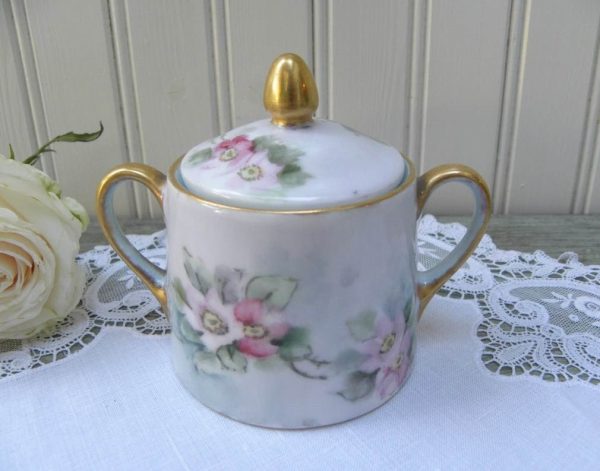 Vintage Hand Painted Wild Pink Roses Sugar Bowl Online