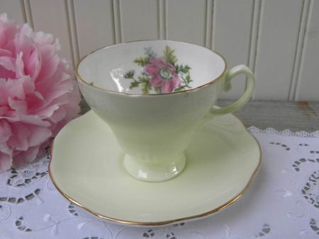 Vintage Soft Green and Pink Cosmos Teacup and Saucer Online Sale