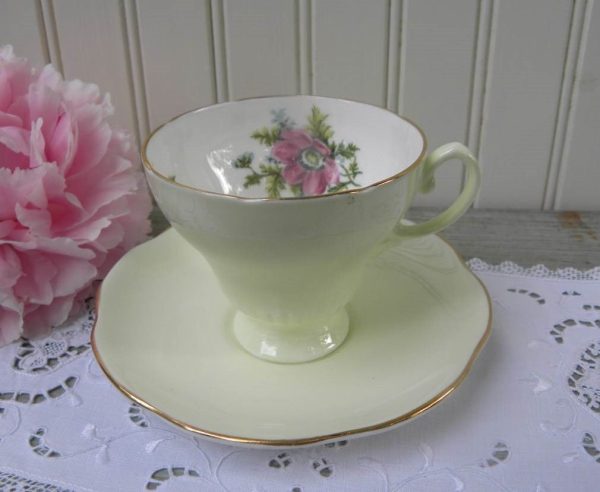 Vintage Soft Green and Pink Cosmos Teacup and Saucer Online Sale