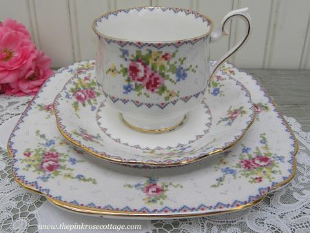 Vintage Royal Albert Petit Point China Pink Roses Teacup Saucer and Luncheon Plate on Sale