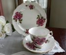 Vintage Magenta Rose Teacup Saucer and Luncheon Plate For Sale