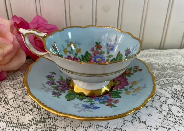 Vintage Royal Stafford Teacup and Saucer Cottage Roses on Blue Online now