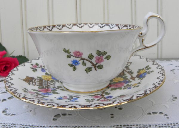 Vintage Anysley Pink Roses and Blossoms Pagoda Teacup and Saucer For Discount