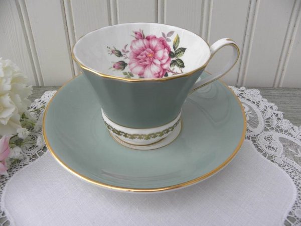 Vintage Aynsley Green Teacup and Saucer with Large Pink Rose Fashion