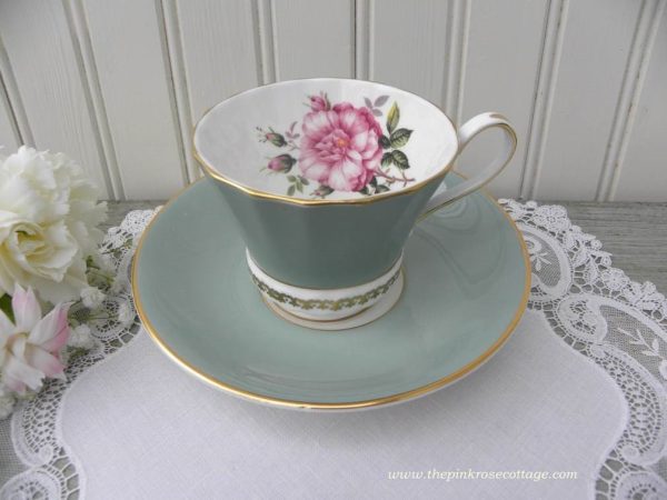 Vintage Aynsley Green Teacup and Saucer with Large Pink Rose Fashion