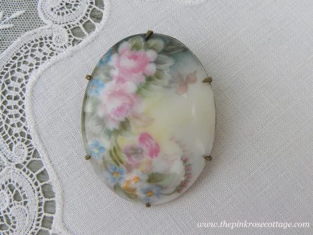 Antique Victorian Edwardian Hand Painted Pink Roses & Forget-Me-Nots Brooch Online Sale