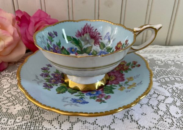 Vintage Royal Stafford Teacup and Saucer Cottage Roses on Blue Online now