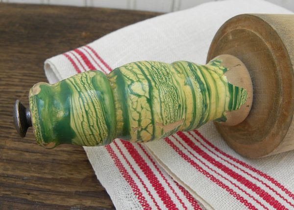 Vintage Wooden Rolling Pin with Jadite Green and Cream Handles Hot on Sale