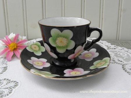 Vintage Demitasse Teacup and Saucer Black with Colorful Daisies Online