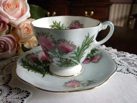 Vintage EB Foley Glencarry Thistle on Blue Teacup and Saucer on Sale