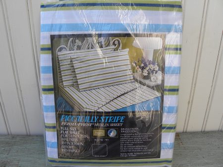 NIP Vintage Perma-Prest Piccadilly Stripe Green and Blue Full Flat Sheet Online