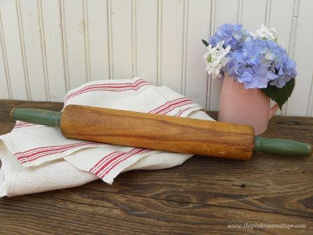 Vintage Wooden Thin Rolling Pin with Jadite Green Handles For Sale