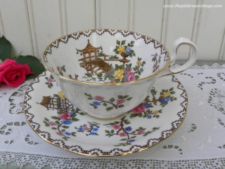 Vintage Anysley Pink Roses and Blossoms Pagoda Teacup and Saucer For Discount