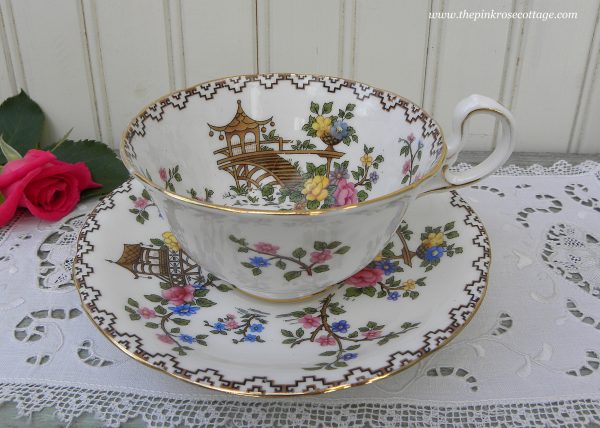 Vintage Anysley Pink Roses and Blossoms Pagoda Teacup and Saucer For Discount