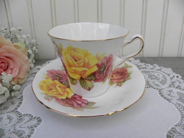 Vintage Adderley Pink and Yellow Roses Teacup and Saucer Online now