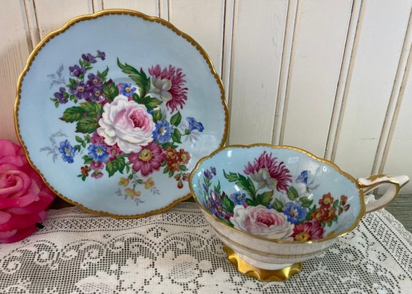 Vintage Royal Stafford Teacup and Saucer Cottage Roses on Blue Online now