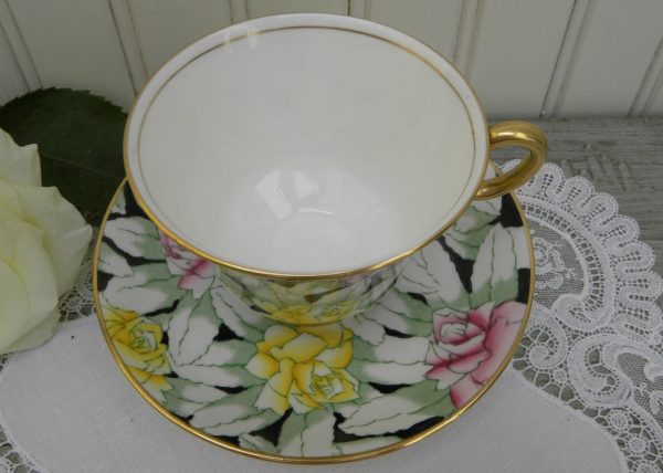 Vintage Adderley Stylized Pink and Yellow Roses on Black Chintz Teacup and Saucer Online