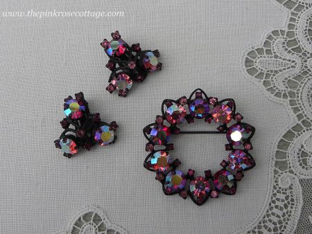 Vintage Joseph Warner Black Enameled Rhinestone Brooch and Earrings Online Hot Sale