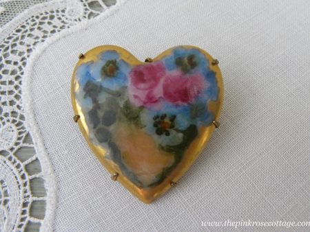 Antique Victorian Edwardian Hand Painted Pink Rose and Pansies Heart Brooch Pin on Sale