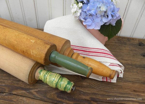 Vintage Wooden Thin Rolling Pin with Jadite Green Handles For Sale