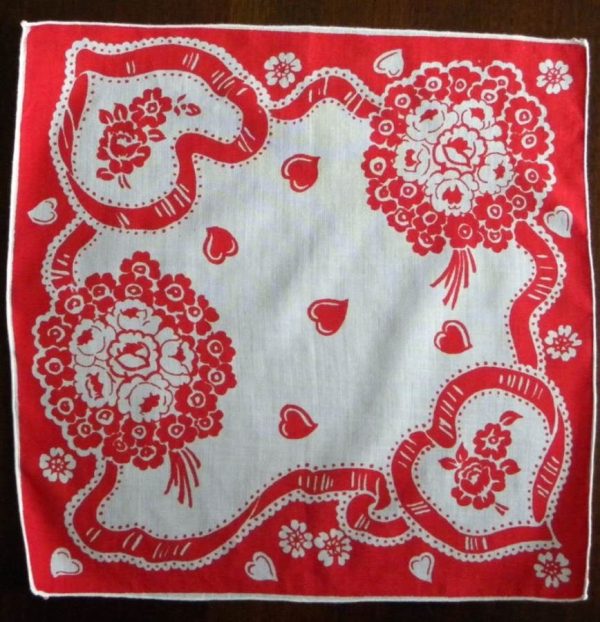 Vintage Valentine s Day Ribbon Hearts and Flower Bouquet Handkerchief Fashion