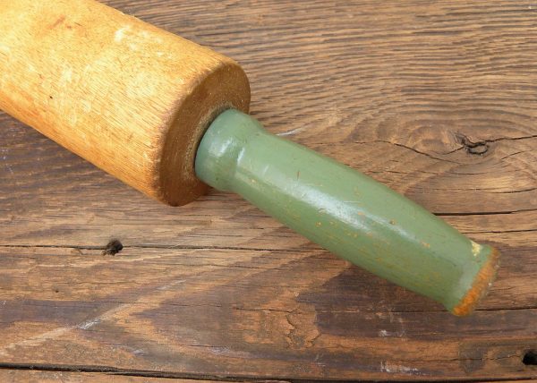 Vintage Wooden Thin Rolling Pin with Jadite Green Handles For Sale