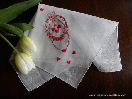 Vintage Tagged Lady Heritage Valentines Handkerchief Embroidered Garland Roses and Hearts For Discount