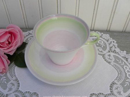 Vintage 1932  Art Deco Shelley Swirls Teacup and Saucer Pink Green Gray For Sale