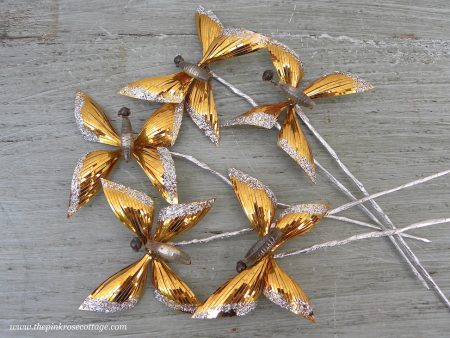 5 Vintage Aluminum and Glass Gold Butterfly Floral Picks Fashion