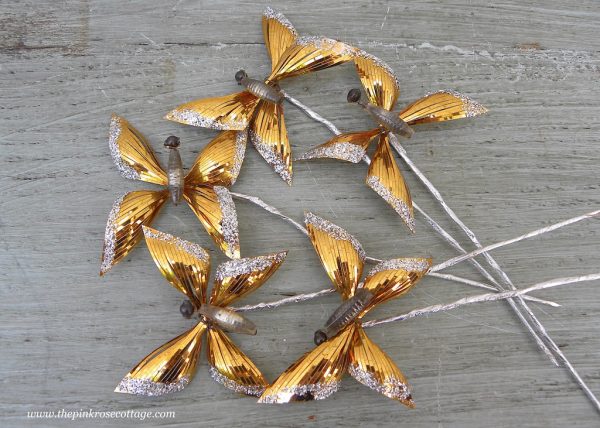 5 Vintage Aluminum and Glass Gold Butterfly Floral Picks Fashion