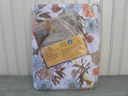 NIP Vintage Perma-Prest Bridgeport Blue and Beige Poppies Full Flat Sheet Online Sale