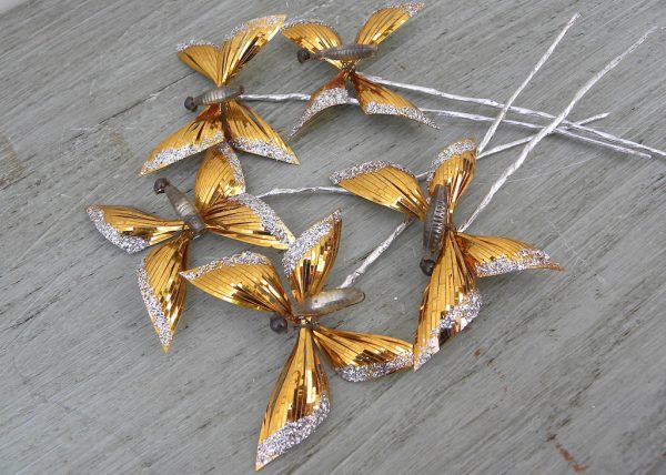 5 Vintage Aluminum and Glass Gold Butterfly Floral Picks Fashion