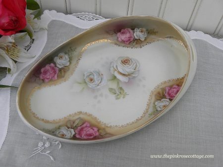 Vintage Hand Painted Pink and White Roses Trinket Candy Dish For Cheap