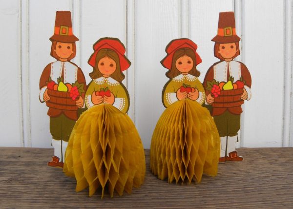 12 Vintage Hallmark Honeycomb Thanksgiving Boy and Girl Pilgrims Online now