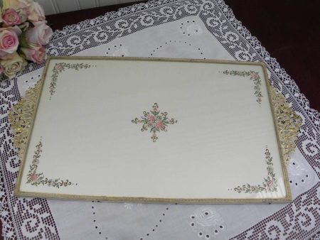 Vintage Hand Painted Pink Roses Vanity Tray White Gold Filigree For Discount