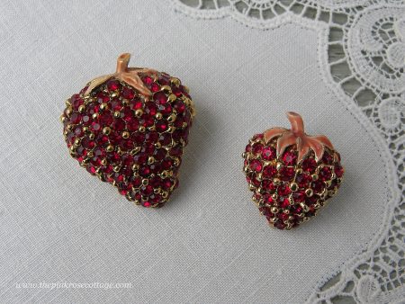 Pair of Ciner Vintage Red Rhinestone Strawberries Strawberry Pins For Cheap