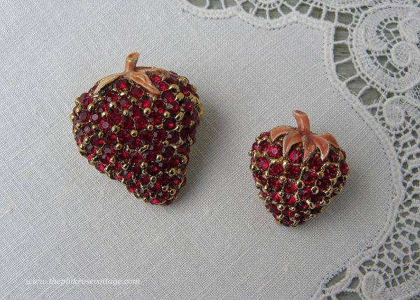 Pair of Ciner Vintage Red Rhinestone Strawberries Strawberry Pins For Cheap