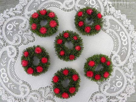 6 Vintage Mini Bottle Brush Christmas Wreaths with Red Flowers Hot on Sale