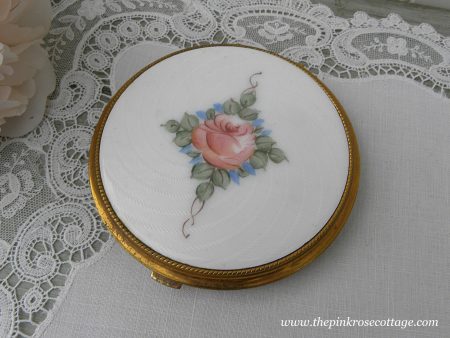 Large Vintage Evans Pink Rose Guilloche Powder Compact For Sale