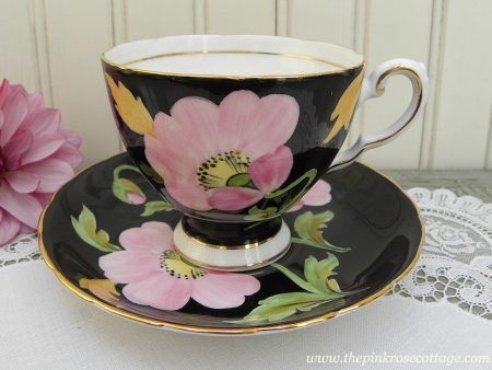 Vintage Black Tuscan Teacup and Saucer with Pink Poppies Online Sale