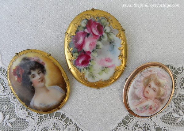 Antique Victorian Edwardian Hand Painted Woman with Poppy Pin Brooch Online Hot Sale