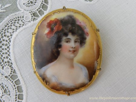 Antique Victorian Edwardian Hand Painted Woman with Poppy Pin Brooch Online Hot Sale