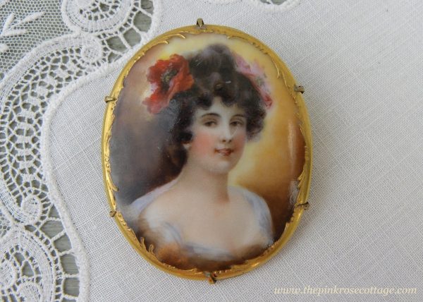 Antique Victorian Edwardian Hand Painted Woman with Poppy Pin Brooch Online Hot Sale