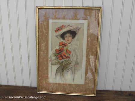 1906 Antique  Framed Hamilton King Print Edwardian Woman and Poppies Online