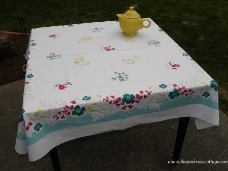 Vintage Simtex Teal Tablecloth with Red and Yellow Flowers For Cheap